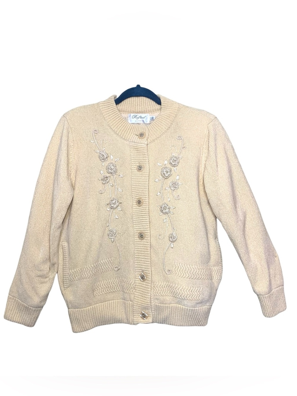 Beige Chenille Knit Cardigan Jacket Lined Embroidered Button-Front Sz M Feminine